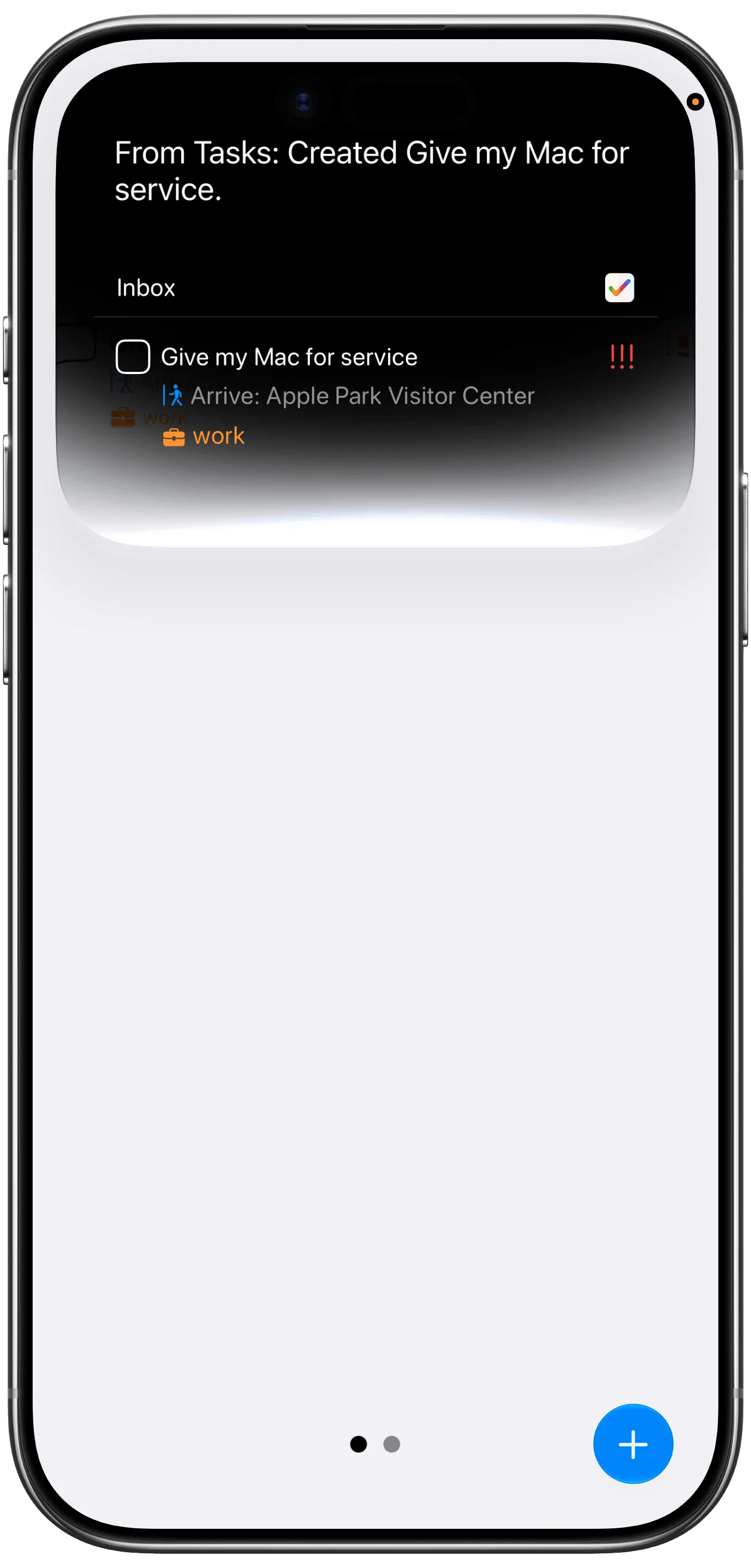 Siri confirmation at the top of Tasks showing a newly created high-priority location-based task
